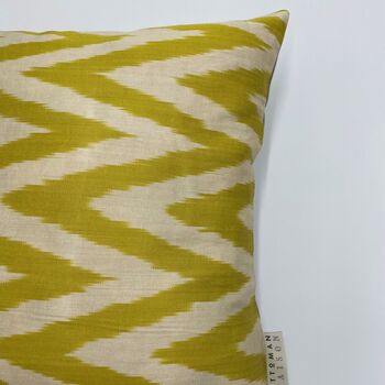 Square Ikat Silk Cushion Yellow Zigzag, 7 of 10