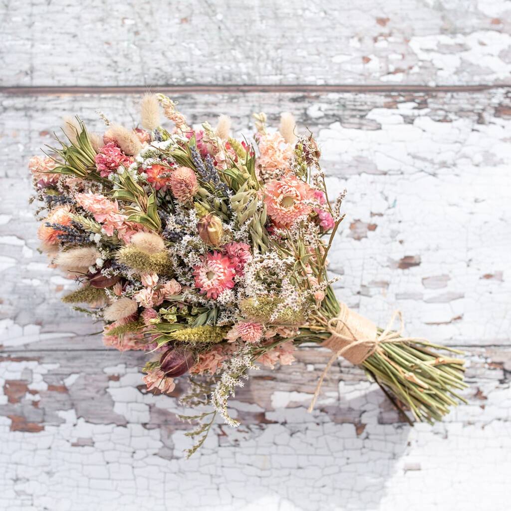 Pink And Ivory Dried Flower Wedding Bouquet, 1 of 2