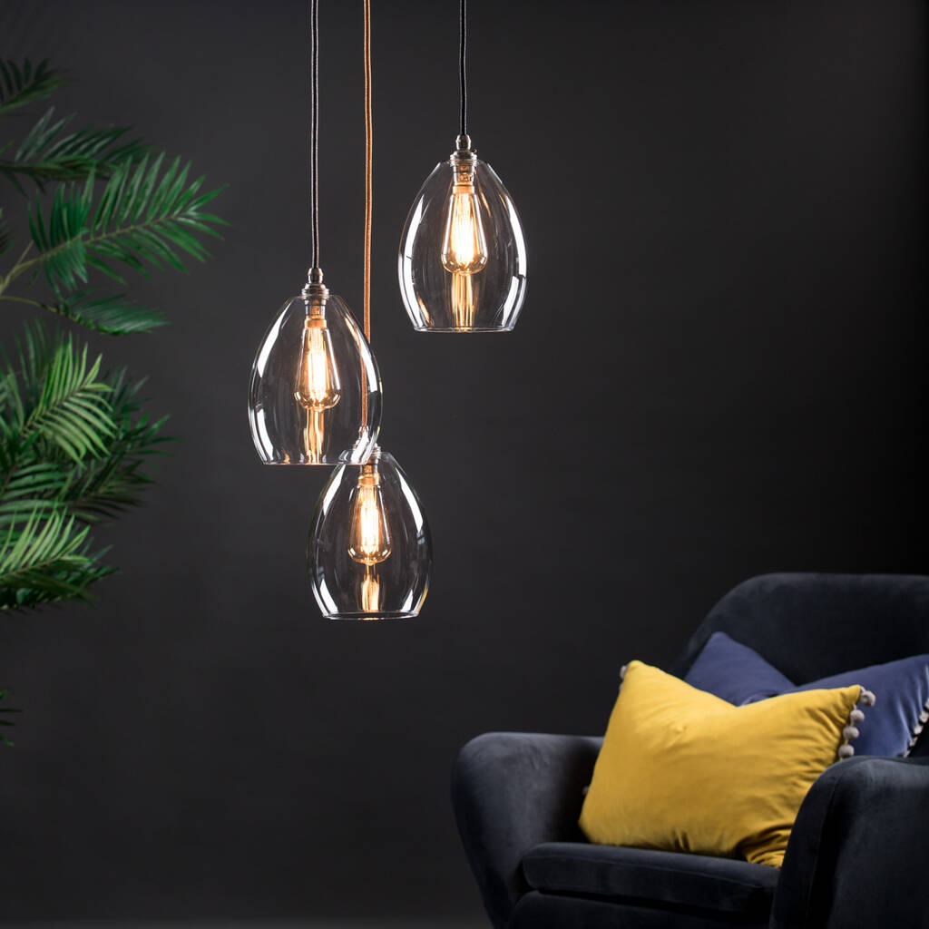 Clear Glass Three Cluster Light On Large Ceiling Plate By Glow Lighting