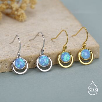 Sterling Silver Blue Opal And Circle Drop Hook Earrings, 3 of 11