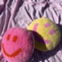 Handmade Tufted Hot Pink And Orange Smiley Face Cushion, thumbnail 2 of 4