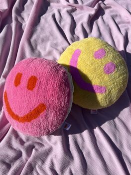Handmade Tufted Hot Pink And Orange Smiley Face Cushion, 2 of 4