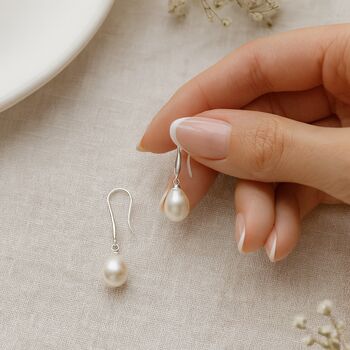 Sterling Silver White Freshwater Pearl Drop Earrings: Bridal Jewellery – 8mm, 7 of 8