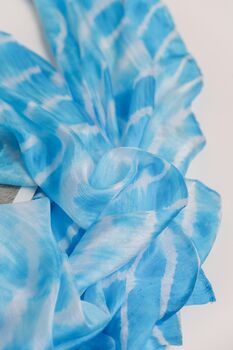 100% Mulberry Silk Scarf, Turquoise Blue Marbling In Gift Box, 7 of 10