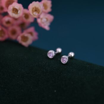 Sterling Silver Tiny Pink Cz Barbell Earrings, 4 of 12