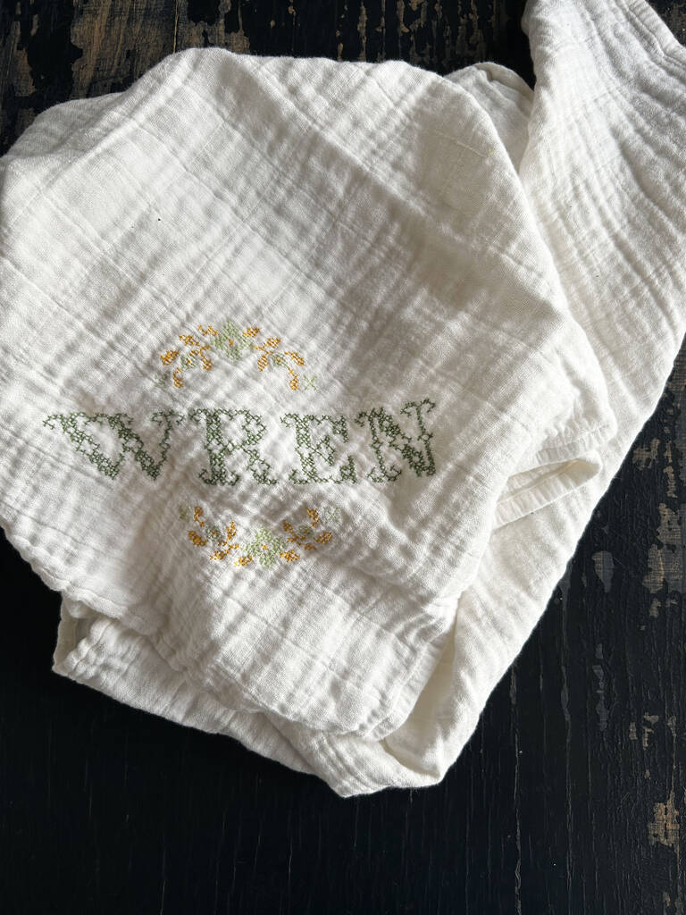 Cross Stitch Muslin Personalised Green, 1 of 2