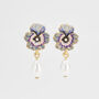 Gold Pansy And Pearl Drop Stud Earrings, thumbnail 1 of 8