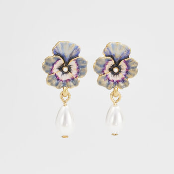 Gold Pansy And Pearl Drop Stud Earrings, 2 of 9