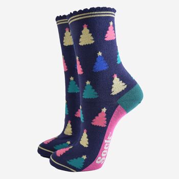 Women's Bamboo Socks Navy Blue Christmas Tree, 2 of 5