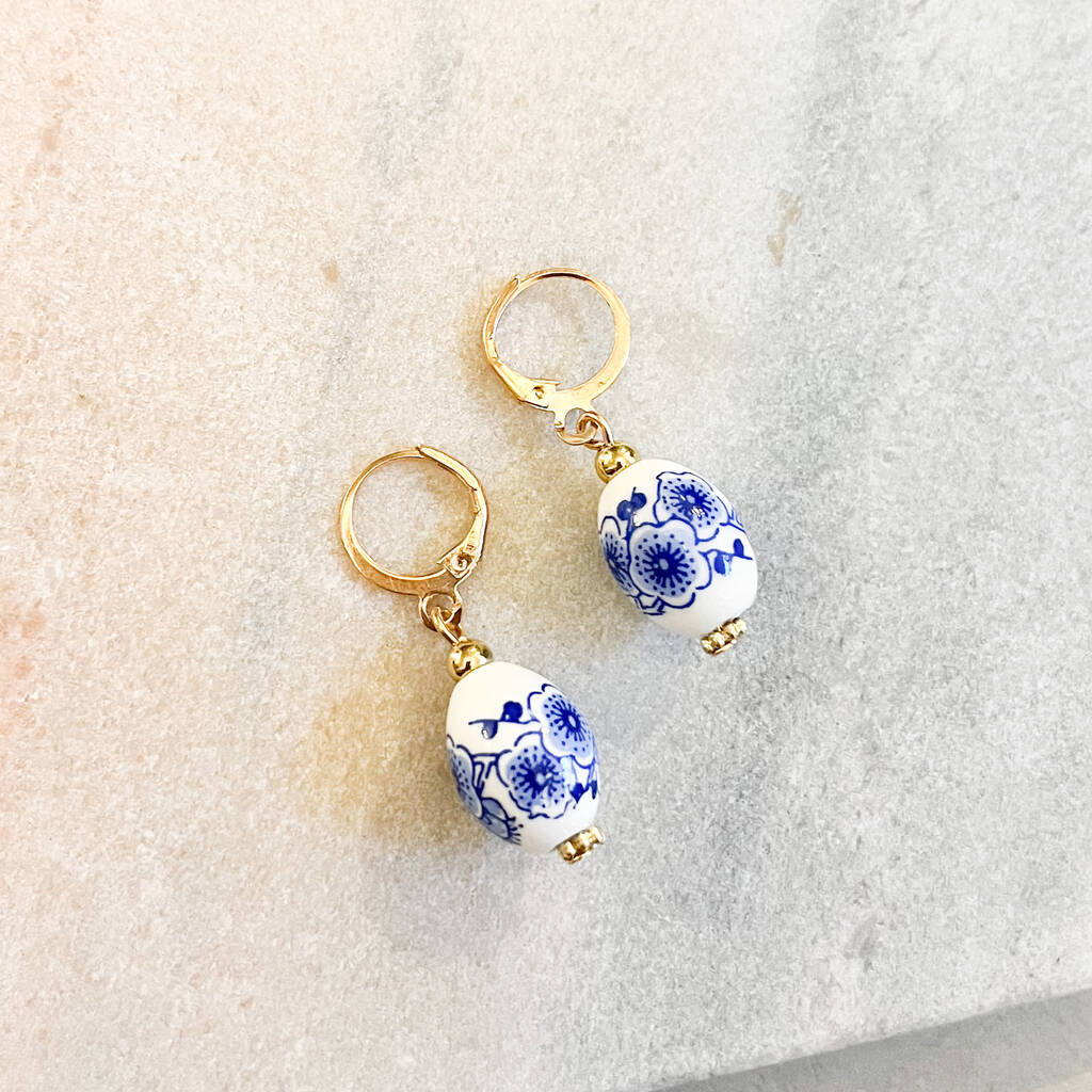 Elegant Delft Blue Porcelain Bead Dangle Earrings, 1 of 1