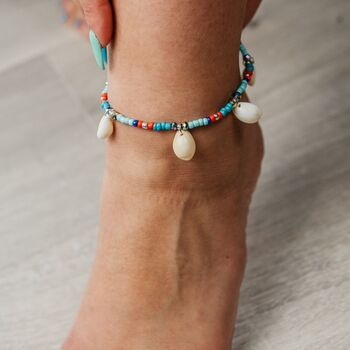 Turquoise Summer Boho Cowrie Shell Anklet, 3 of 4