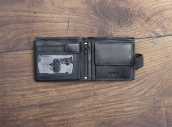 Men's Personalised Luxury Black Leather Wallet Trifold Rfid, 3 of 9