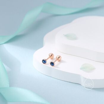 Sterling Silver Tiny Sapphire Blue Cz Bezel Screw Back Earrings, 4 of 12