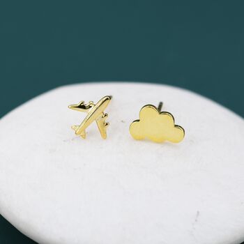 Sterling Silver Mismatched Plane And Cloud Stud Earrings, 5 of 11