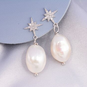 Sterling Silver Starburst Dangling Baroque Pearl Drop Earrings, 2 of 12
