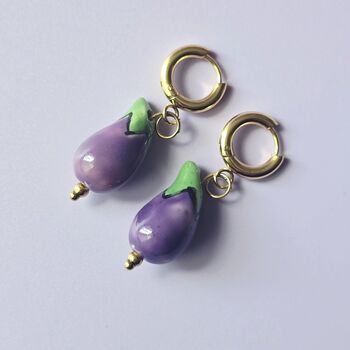 Ceramic Aubergine Earrings With 18ct Gold Plated Huggie Hoops, 2 of 5