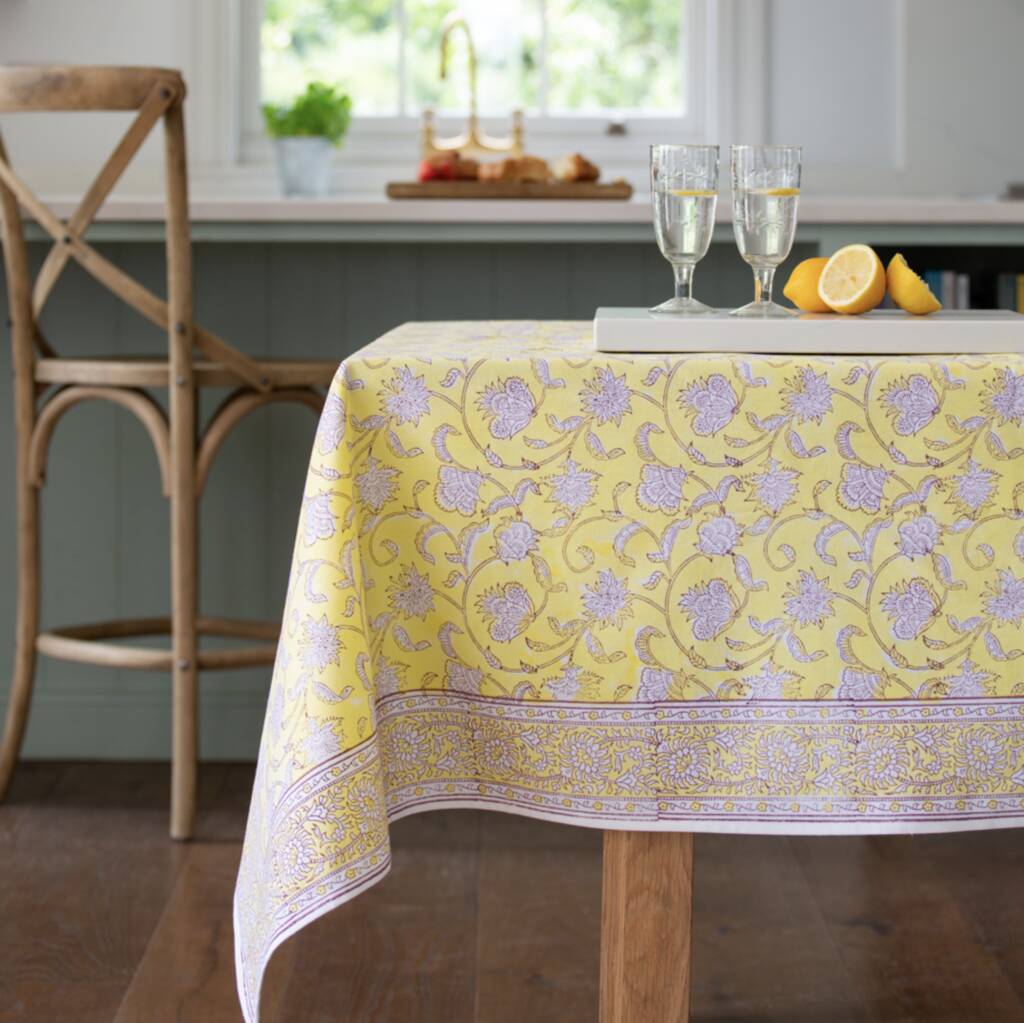 Lemon Cotton Hand Block Print Tablecloth, 1 of 2