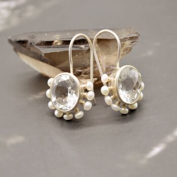 Clear Quartz, Pearl Sterling Silver Drop Earrings, 5 of 9