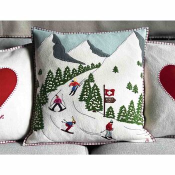 Wool Après Ski Run Hand Embroidered Cushion, 2 of 3