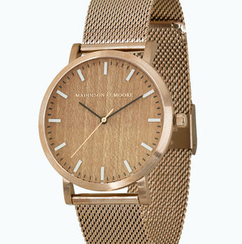 Classic Rose Gold Stainless Steel Unisex Wood Watch, 7 of 10