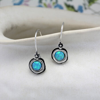 Sterling Silver Opal Earrings With Dainty Flower Detail, 3 of 6