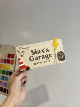 Personalised Wooden Car Garage Playroom Sign Montessori Pretend Play Accessory, 4 of 7