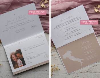 Beige Passport Invitation With Acrylic Plane Charms For Destination Wedding, 4 of 10