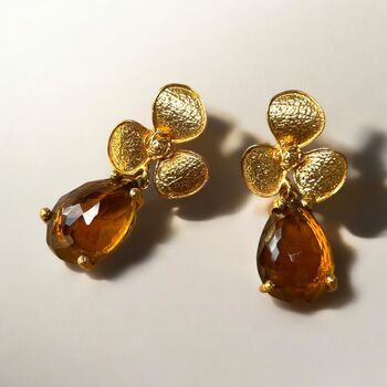 24k Gold Citrine Flower Drop Earrings, 3 of 3