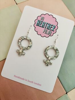 Silver Feminist Sign Glitter Earrings / Girl Power Jewellery / Empowered Woman Statement / International Women's Day Gift, 5 of 5