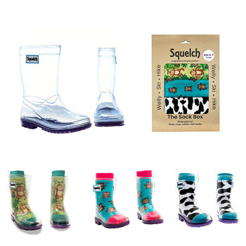 Squelch Transparent Wellies And Three Sock Set Monkeys, 2 of 8