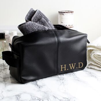 Personalised Initials Faux Leather Black Wash Bag, 2 of 5