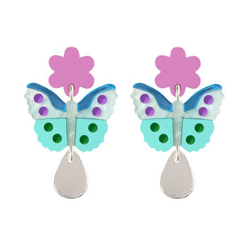 Butterfly Flower Dangle Earrings In Blue, 2 of 2