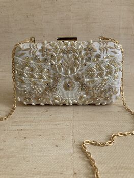 White Handcrafted Rectangular Pearl Clutch Bag, 8 of 10