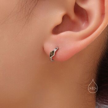 Tiny Rhombus Olive Green Cz Huggie Hoop In Sterling Silver, 5 of 12