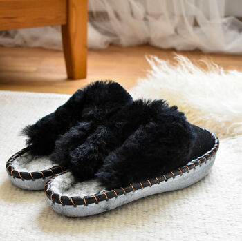 Handmade Sheepskin Mule Slippers Black, 2 of 4