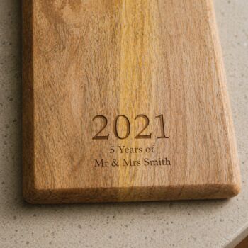 Extra Long Personalised 5th Anniversary Wooden Mango Serving Board, 2 of 3