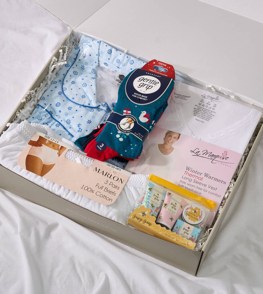 Christmas Gift Box: Brushed Cotton Nightdress, Thermal Vest, Three Pairs Of Soft Top Christmas Socks, Three Pairs 100% Cotton Full Briefs And A Hand Care Set, 1 of 9
