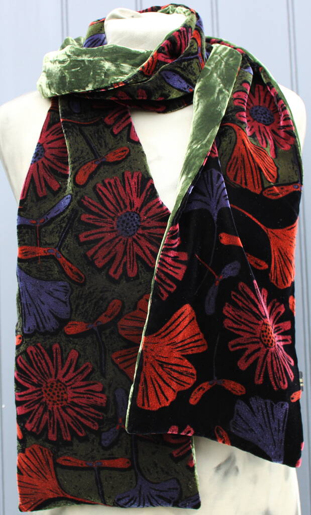 Hand Printed Velvet Scarf Daisy Ginkgo By Trisha Needham