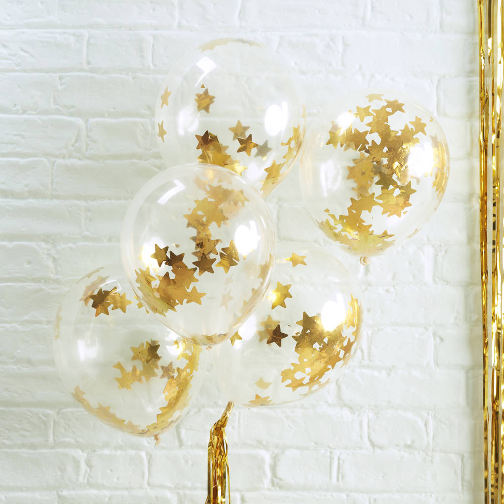 Pack Of Five Gold Star Confetti Clear Party Balloons, 1 of 3