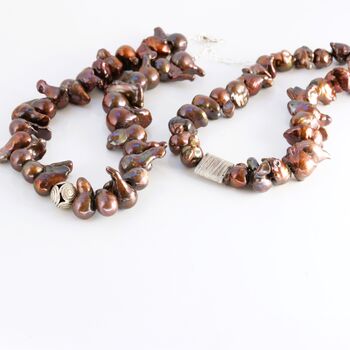 Dramatic Copper Brown Pearl Necklace With Focal Sterling Silver Bead, 3 of 12