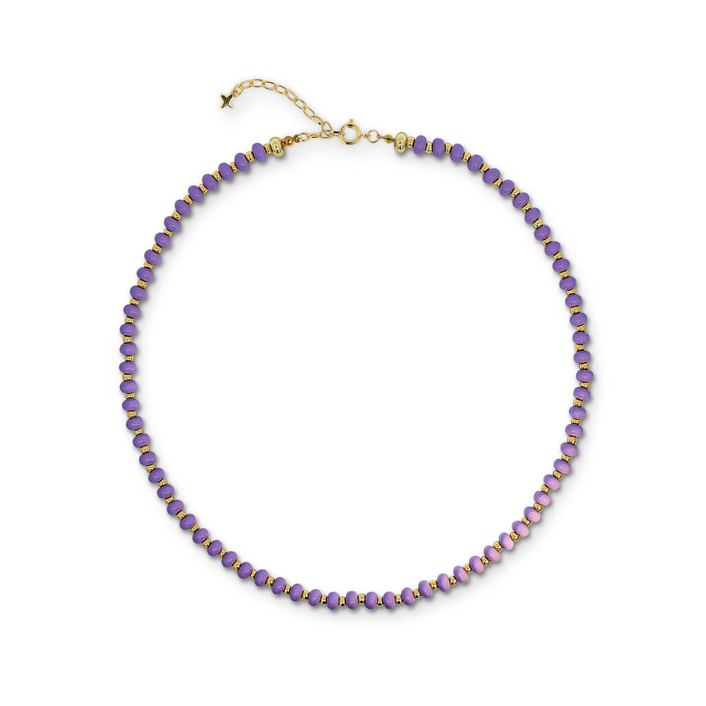Lilac And Gold Tone Round Metal Beaded Necklace