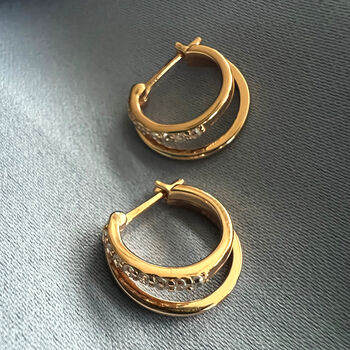 Sterling Silver Double Hoop Diamante Hoop Earrings, 3 of 7