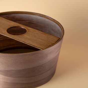 Tall Dark Walnut Table Lamp With A Wooden Light Shade, 11 of 11