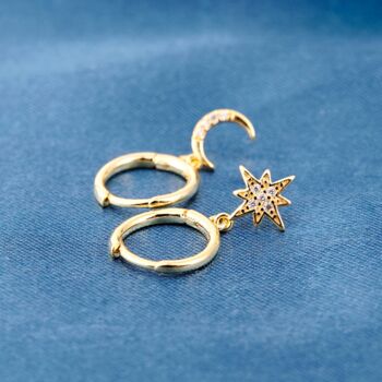 Gold Mismatch Moon And Star Hoop Earrings, Charm Earrings, 6 of 8