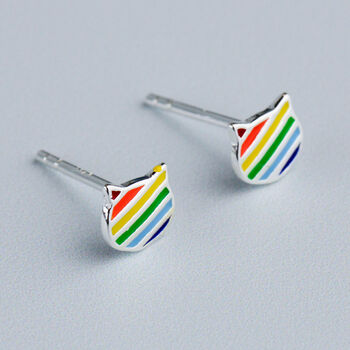 Sterling Silver Rainbow Cat Stud Earrings, 3 of 6