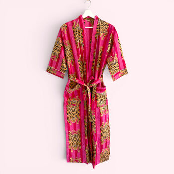 Pink Tiger Print 100% Cotton Dressing Gown, 4 of 6