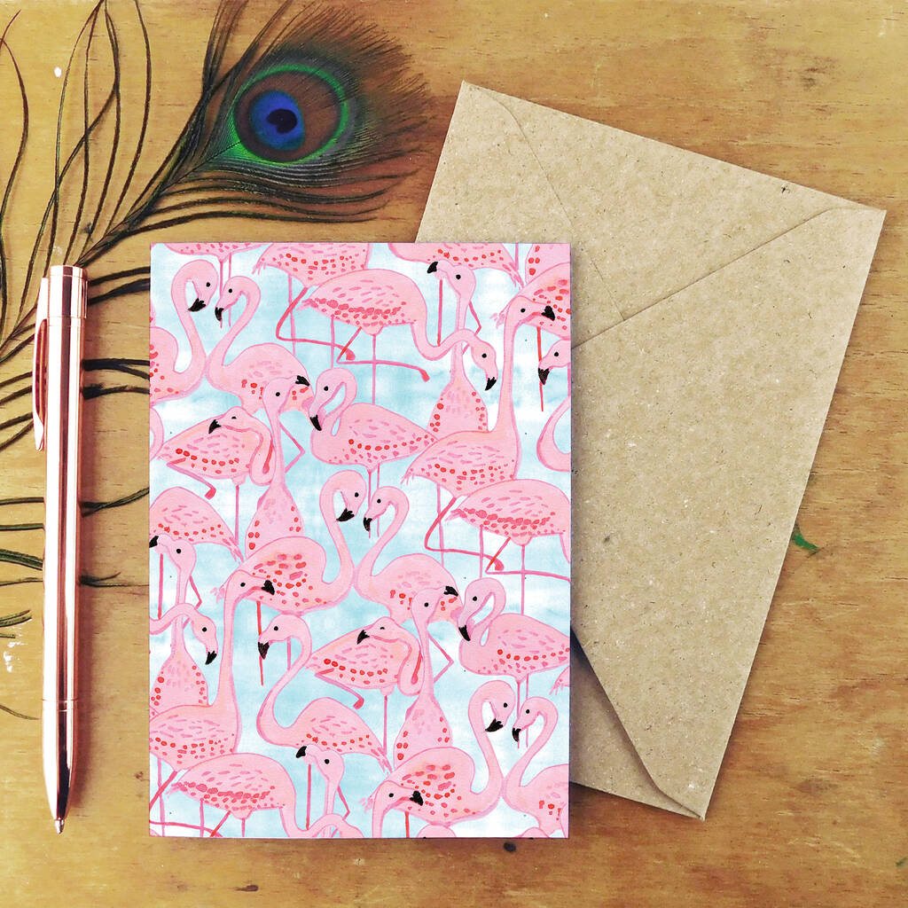 Pastel Flamingos Greetings Card By Also the Bison