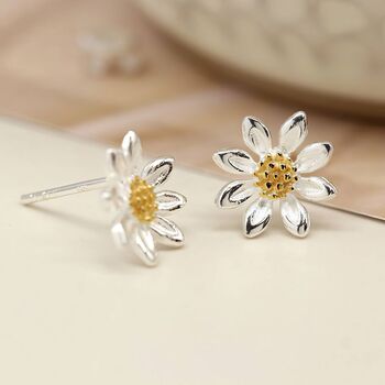 Sterling Silver Large Daisy Flower Stud Earrings, 2 of 9