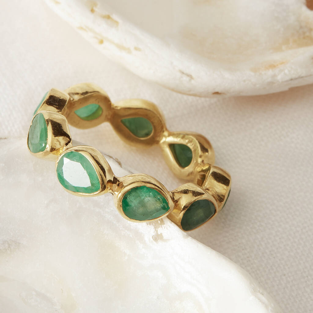 Emerald Teardrop Gold Plated Silver Eternity Ring, 1 of 6