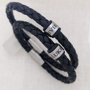 Mens Leather Bracelet With Stainless Steel Name Beads, 3 of 5